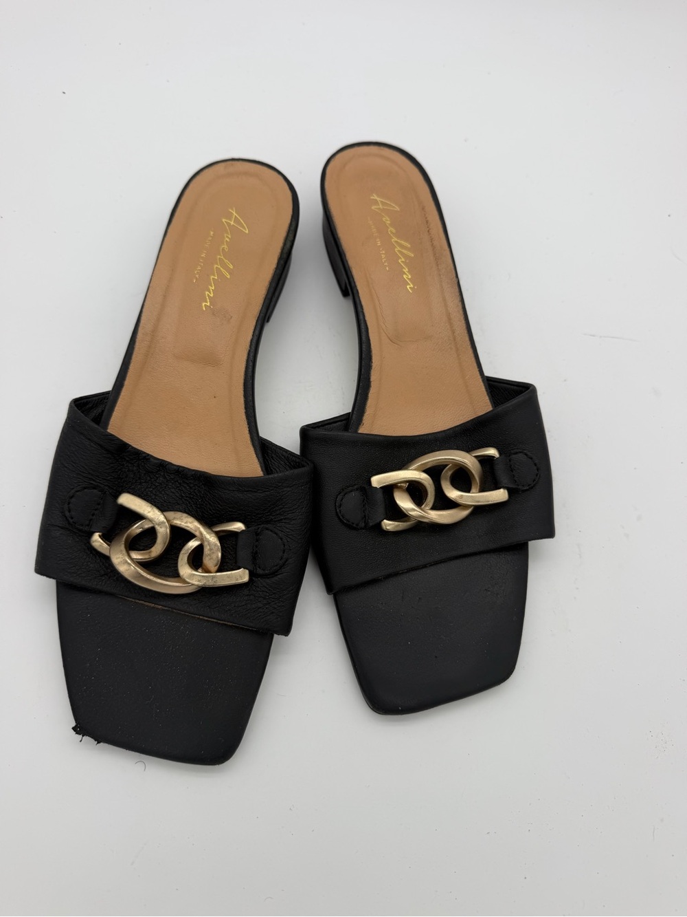 Black Slide Sandals with Gold Chain Accent